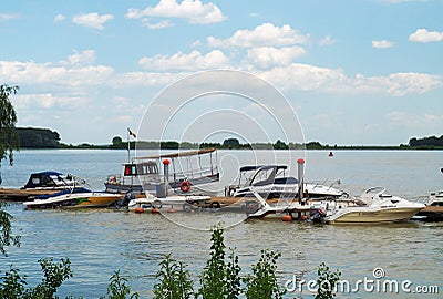 Boats on Danube river at Galati city, Romania Editorial Stock Photo