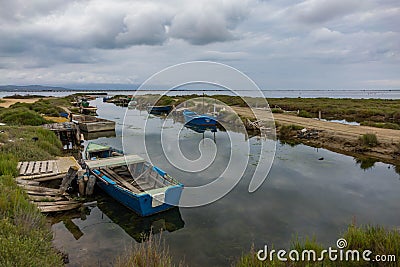 Boats in the Delta of the Ebro River Editorial Stock Photo