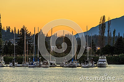 Boats dock at the Port of Hood River Marina on the Columbia River Editorial Stock Photo