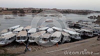 Boats docked at a Nubian village in Egypte along the Nile Editorial Stock Photo