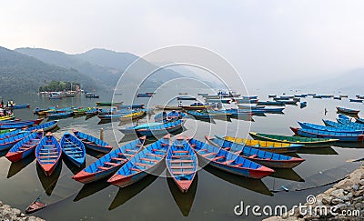 Boats on Fewa Lake Editorial Stock Photo