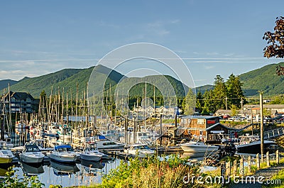 Boats in Harbour at Sunset Stock Photo