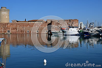 Boats and Harbour near Fortezza Vecchia, Livorno, Tuscany, Italy Editorial Stock Photo