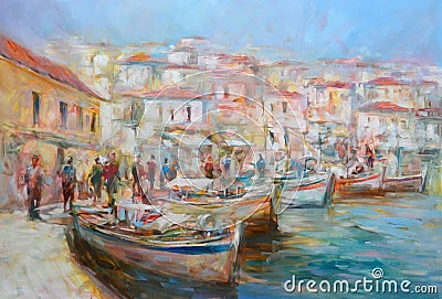 Boats on the island harbor,handmade painting Stock Photo