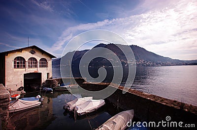 Boats, lake and mountian Stock Photo