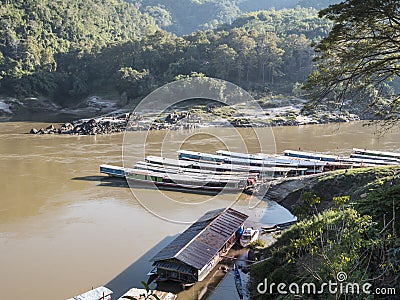 Boats lying in the river Mekong Editorial Stock Photo