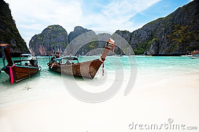 Boats at Maya bay Phi Phi Stock Photo