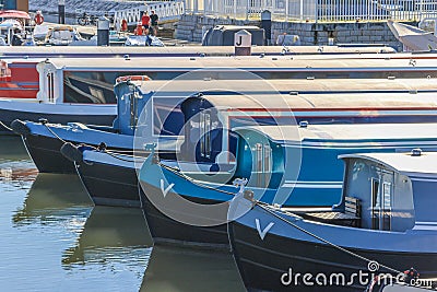 Boats moored onto the bay at the Tagus marina at Parque das Nacoes in Lisbon, Portugal Editorial Stock Photo
