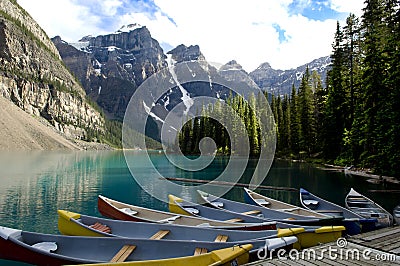 Boats on Moraine Lake, Canada Stock Photo