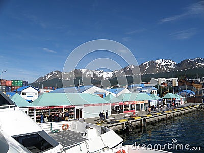 Boats and mountains at Usuahia Argentina Editorial Stock Photo