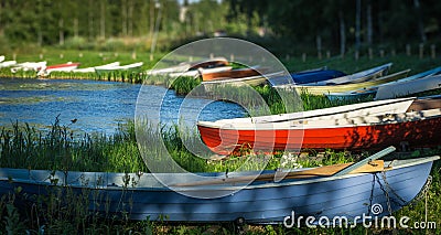 Rowboats at lake shore Stock Photo