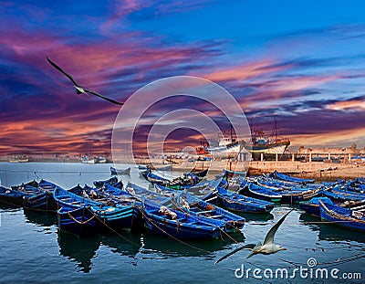 Boats on an ocean coast in Essaouira, Morocco Stock Photo