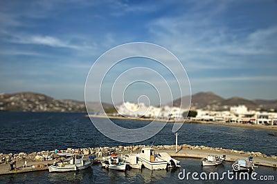 Boats at the pier with tilt effect in Paros, Greece Stock Photo