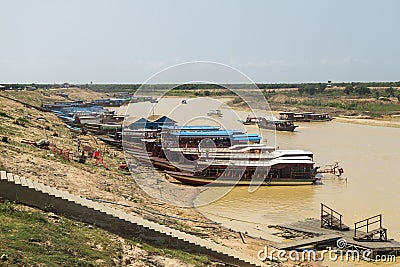Boats at the pier, Tonle Sap lake in Cambodia Stock Photo