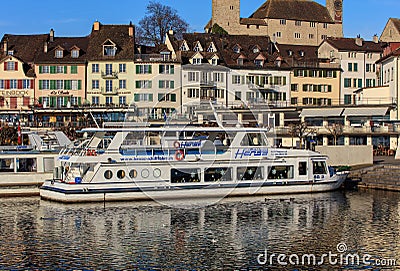 Boats at a pier in the town of Rapperswil, Switzerland Editorial Stock Photo