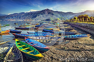 Boats in Pokhara lake Stock Photo