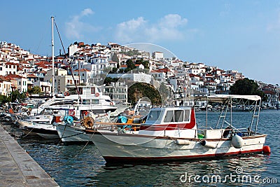 Boats in the port of Skopelos a Greek island Stock Photo