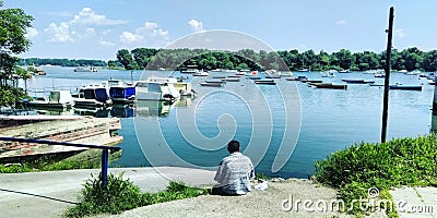 Boats on the river Danube and man Editorial Stock Photo