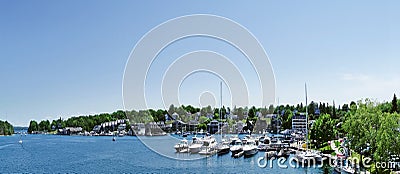 Boats in the Round Lake marina in downtown Charlevoix Michigan Stock Photo