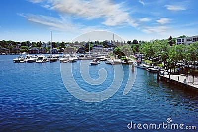 Boats in the Round Lake marina in downtown Charlevoix Michigan Stock Photo