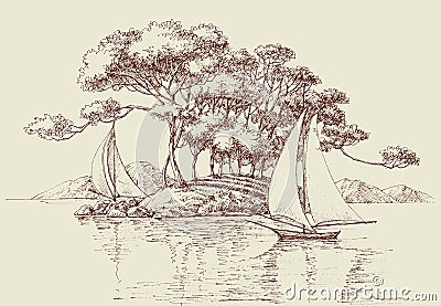 Boats sailing near an island Vector Illustration