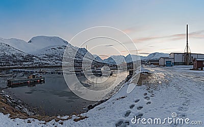 Boats in the sheltered harbor at Nord-Lenangen, Lyngen, Troms county, Norway Editorial Stock Photo