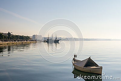 Boats and ships on the Aegean sea on Thessaloniki seafront in Greece Stock Photo