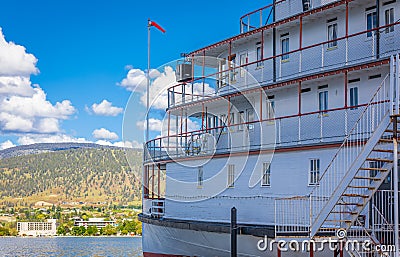Boats and ships at the Sternwheeler SS Sicamous Heritage Park Okanagan Lake in Penticton BC Canada on summer sunny day Editorial Stock Photo