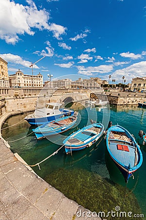 Boats in the small port of Syracuse, Sicily (Italy) Stock Photo