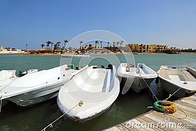 Boats standing at the pier channel of El Gouna Stock Photo