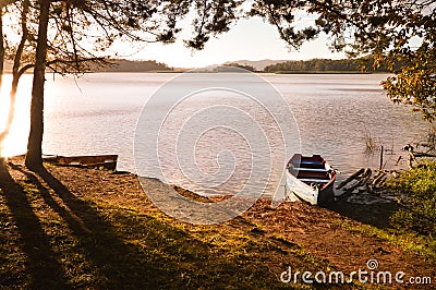 Boats at sunset in the Lagunas de Montebello National Park Chiapas, Mexico Stock Photo