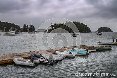 Boats Tied to Dock in Lobster Fishery Wharf Stock Photo