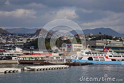 Boats at the tourist pier in Hiroshima Editorial Stock Photo