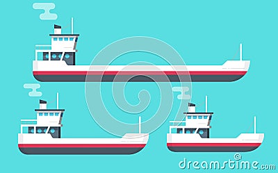 Boats vector illustration set, flat cartoon small, big transport ships, empty freight vessel and small ferry or fishing Vector Illustration