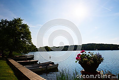 Boats on Wesslinger lake, little lake near munich Stock Photo