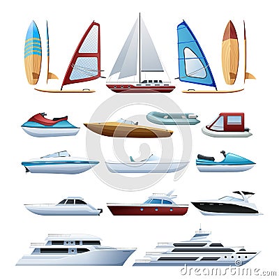 Boats And Windsurfer Flat Icons Set Vector Illustration