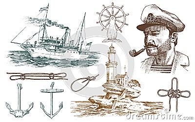 Boatswain with pipe. Lighthouse and sea captain, marine sailor, nautical travel by ship. engraved hand drawn vintage Vector Illustration