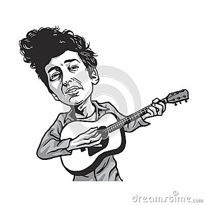 Bob Dylan Playing Guitar Cartoon Caricature Vector Illustration