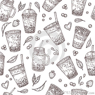 Boba tea pattern. Asian drinks background, bubble milk shake. Fresh cold juices with pearls. Sweet taiwan breakfast Vector Illustration
