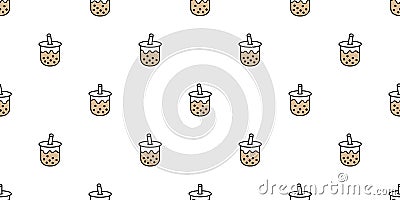 Boba tea seamless pattern vector bubble milk tea scarf isolated repeat wallpaper tile background illustration doodle design Cartoon Illustration