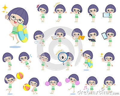 Bobbed Glasses girl green Swimwear style 2 Vector Illustration