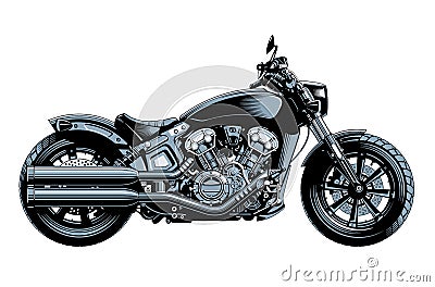 Bobber or chopper motorcycle, side view, isolated on white background. Monochrome hi-detailed vector illustration Vector Illustration