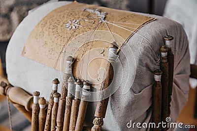 Bobbin lace equipment for handmade craft Stock Photo