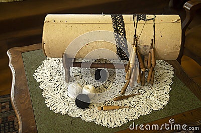 Bobbin lace equipment for handmade craft in town Kalofer , Bulgaria Stock Photo