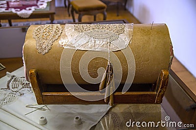 Bobbin lace equipment for handmade craft in town Kalofer , Bulgaria Stock Photo