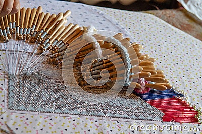 Bobbin lace handmade lace embroidery, from linen thread Stock Photo