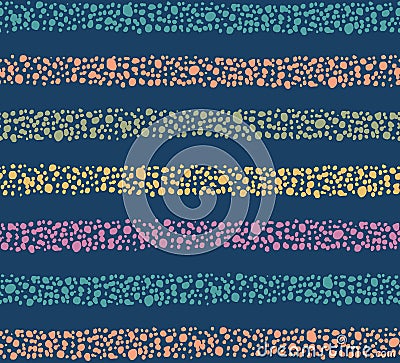 Bobble repeat pattern of casual colorful stripes with sprinkle texture on dark blue background organic textured vector print Vector Illustration