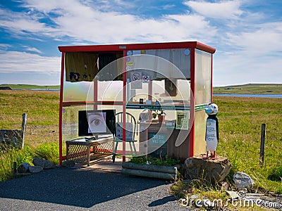 Bobby`s Bush Shelter - also known as the Unst Bus Shelter - near Baltasound on the island of Unst in Shetland, Scotland, UK Editorial Stock Photo