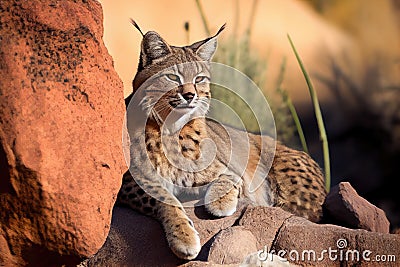 bobcat sunning itself on a warm rock Stock Photo