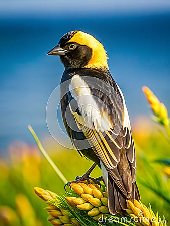 Bobolink bird sits ocean Stock Photo